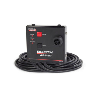 The Lincoln Weld Booth Assist K5319-1 is a black control box with a coiled cable, two buttons (Support/red, Cancel/black), Welding and Occupied indicator lights, and a right-side speaker grill—ideal for welding booth monitoring.