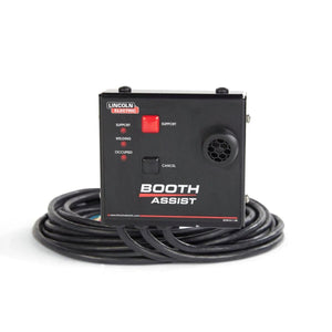 The Lincoln Weld Booth Assist K5319-1 is a black weld booth control box with a red support button, black cancel button, indicator lights for SUPPORT, WELDING, and OCCURD, plus a coiled black cable—shown on a white background.