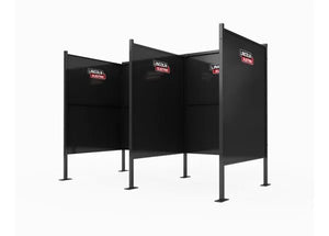 Two Lincoln Weld Booth Only, 5 Ft Dual K5543-2 units with divider panels and open entrances stand side by side. Each displays the “Lincoln Electric” logo, highlighting their heavy-duty steel construction against a plain white background.