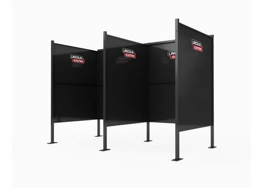 Two Lincoln Weld Booth Only, 5 Ft Dual K5543-2 units with divider panels and open entrances stand side by side. Each displays the “Lincoln Electric” logo, highlighting their heavy-duty steel construction against a plain white background.