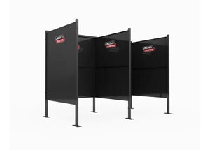 Three black Lincoln Weld Booth Only, 5 Ft Dual K5543-2 units stand side by side on four legs, each with the “Lincoln Electric” logo, constructed of heavy-duty steel with tall dividers for enhanced safety and privacy against a plain white background.