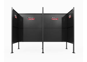 A black Lincoln Weld Booth Only, 5 Ft Dual K5543-2 with heavy-duty steel construction features four modular sections and tall panels displaying the Lincoln Electric logo. The structure stands on metal legs against a plain white background.