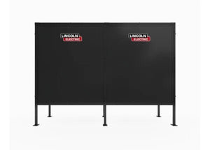 The Lincoln Weld Booth Only, 5 Ft Dual K5543-2 features two black metal panels with four legs and red/white Lincoln Electric logos at the top, built from heavy-duty steel for a durable, industrial welding booth setup.