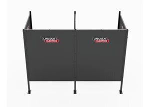 The Lincoln Weld Booth Only, 5 Ft Dual K5543-2 features two black metal panels labeled Lincoln Electric in red and white, heavy-duty steel construction, and four vertical legs, shown from the front against a white background.