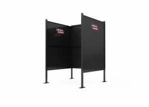 The Lincoln Weld Booth Only, 5 Ft Single K5543-1 is a freestanding black booth with three solid U-shaped panels, heavy-duty steel construction, four square-footed legs, and the Lincoln Electric logo—shown against a plain white background.