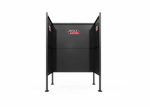 The Lincoln Weld Booth Only, 5 Ft Single K5543-1 features heavy-duty black steel, three solid side panels, an open front with four legs, and displays the “Lincoln Electric” logo on the center back and side panels against a plain white background.