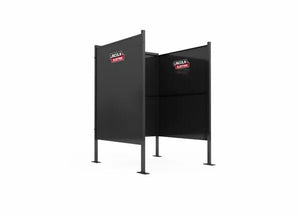 The Lincoln Weld Booth Only, 5 Ft Single K5543-1 is a black, three-sided welding booth with heavy-duty steel construction, open front and top, four metal legs, and panels featuring the red and white Lincoln Electric logo. Booth shown isolated on white.