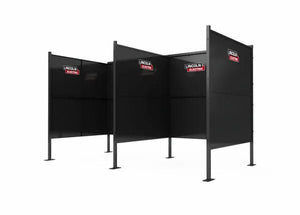 Three Lincoln Weld Booth Only, 6 Ft Dual K5543-4 units are arranged in a row, each with open fronts and sides, Lincoln Electric logos, and heavy-duty steel construction on metal legs against a white background.
