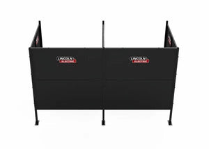 Two Lincoln Weld Booth Only, 6 Ft Dual K5543-4 units with the red and white logo stand side by side, sharing a central divider. Made of heavy-duty steel, both booths have open tops and fronts and are set against a plain white background.