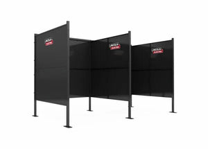 Two adjacent 6 Ft Dual Lincoln Weld Booths (K5543-4) with heavy-duty steel frames and Lincoln Electric logos on top panels stand side-by-side, each on four legs, with open fronts and tops, against a plain white background.