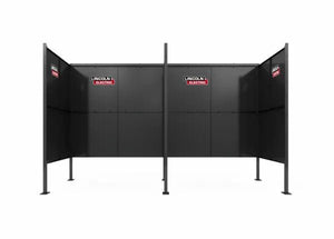 The Lincoln Weld Booth Only, 6 Ft Dual K5543-4 is a black, heavy-duty steel welding booth featuring three tall side panels with red and white “Lincoln Electric” logos, standing on four legs against a plain white background.
