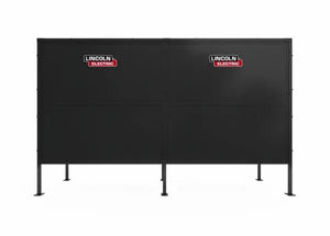 The Lincoln Weld Booth Only, 6 Ft Dual K5543-4 is a large black metal welding screen with heavy-duty steel construction and four legs, displaying the Lincoln Electric logo, ideal as a safety barrier in dual welding booths or other welding areas.