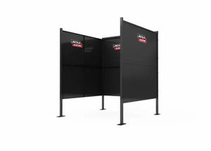 A Lincoln Weld Booth Only, 6 Ft Single (K5543-3), black and three-sided with Lincoln Electric logos on each panel. Made of heavy-duty steel with tall solid walls, open top and end, and four legs with square bases; shown on a plain white background.