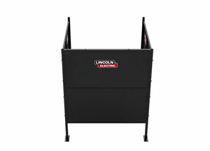 The Lincoln Weld Booth Only, 6 Ft Single (K5543-3) is a black, rectangular steel panel with the Lincoln Electric logo on front. It stands on legs and has side walls forming a three-sided enclosure, shown against a plain white background.