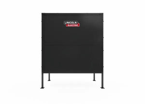 The Lincoln Weld Booth Only, 6 Ft Single (K5543-3), is a black metal welding screen with four legs and robust steel construction, displaying the Lincoln Electric logo in red, white, and black near the top center.