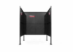 The Lincoln Weld Booth Only, 6 Ft Single K5543-3 features black heavy-duty steel with three sides, four legs, and back/side panels displaying the red and white Lincoln Electric logo. The booth is empty against a white background.