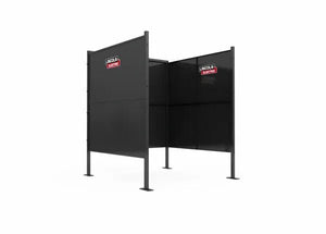 The Lincoln Weld Booth Only, 6 Ft Single (K5543-3) is a black, four-panel booth with “Lincoln Electric” logos on two panels and sturdy steel legs, providing a safe, enclosed work area. One end remains open for easy access.