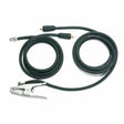 Two black welding cables, one with a clamp and the other with Twist Mate connectors, are coiled side-by-side on a white background—perfect as a Lincoln Weld Cable work lead set.