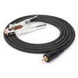 The Lincoln Weld Cable Package Work Lead TM & GC500 Ground Clamp (2/0, 350A, 60%) 15 ft (4.6 m) K1803-3 features a coiled cable with a sturdy GC500 ground clamp and a Twist Mate connector at opposite ends.