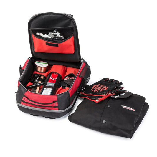 Lincoln Welders All-In-One Backpack K3740-1 stores welding tools, wire spools, helmet, gloves, jacket; ideal welding gear bag.