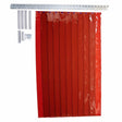 The Lincoln Welding Booth Curtain Kit, 50 W x 66 H in (K5249-1), features nine glossy red PVC semi-transparent strips, a metal rail, mounting brackets, and screws, all displayed on a white background.