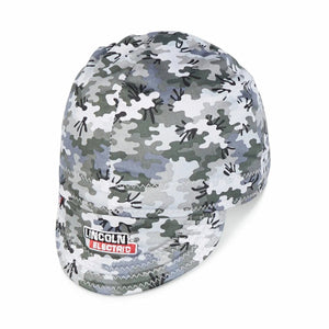 Lincoln Welding Cap Grey Camo XL K4821-XL with short brim, Lincoln Electric logo, and comfortable fit—ideal welding accessory.