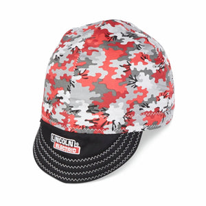 Lincoln Welding Cap, Camo Large K4820-L, red/gray/black/white camo, black brim, padded headband, Lincoln Electric logo.