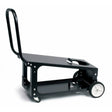 A black metal hand truck with a flat platform and large rear wheels, designed for welder transport. The handle is upright, and the cart has two front swivel casters for easy maneuvering. Ideal as a Lincoln Welding Cart with 80 cu.ft bottle capacity.