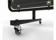Close-up of a metal frame with black finish supported by the Lincoln Welding Curtain Frame Caster Wheel - KP4862-1. Grommets and straps are attached above, with a white background highlighting the frames structure and details.