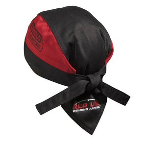 Lincoln Welding Doo Rag FR K2993-ALL, flame-retardant black/red bandana with back tie and logo—ideal welding accessory.