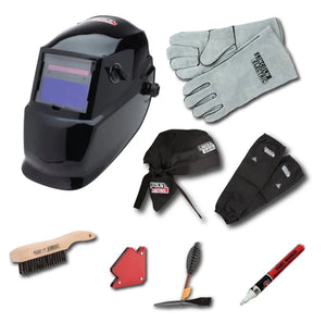 Lincoln Welding Kit K4767-1: black auto-darkening helmet, gloves, magnet, brush, sleeves, marker—welding safety gear set.