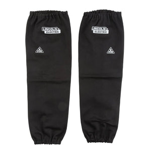 Lincoln Electric black welding arm sleeves with elastic cuffs, logo, and safety symbols—essential welding accessory from WeldingMart.