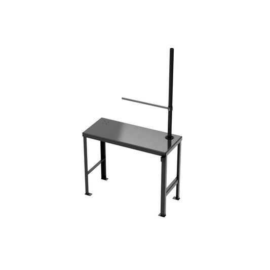 The Lincoln Welding Table with Post (47 in wide) K5248-3 features a sturdy steel frame with four legs, a flat rectangular surface, a vertical black post, and a horizontal silver bar for tool or equipment support. Plain white background.
