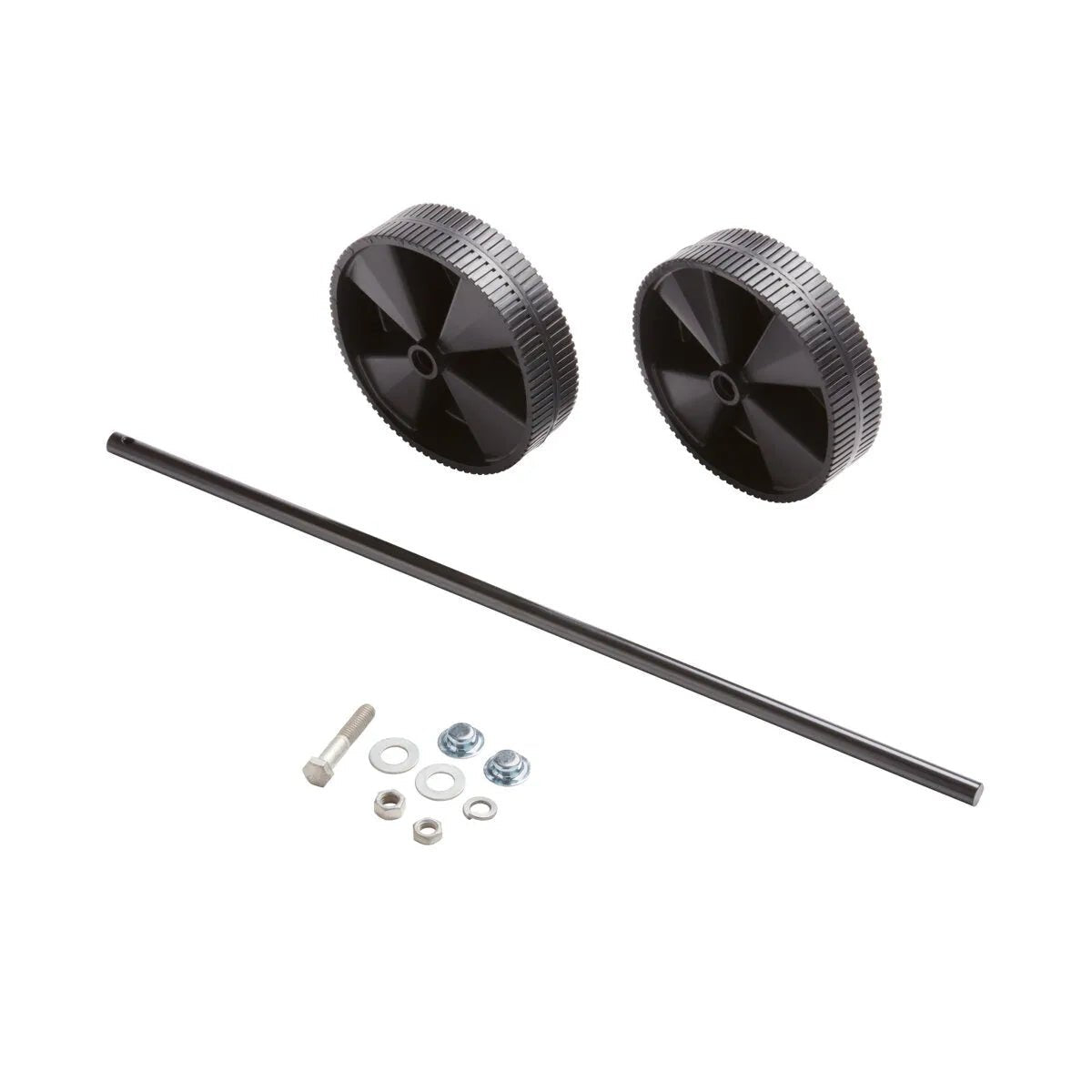 Two black plastic wheels, a metal axle, and small hardware pieces including screws, nuts, and washers, make up this Lincoln Wheel Kit for welder mobility, all neatly laid out on a white background.