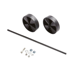 Two black plastic wheels, a metal axle, and small hardware pieces including screws, nuts, and washers, make up this Lincoln Wheel Kit for welder mobility, all neatly laid out on a white background.