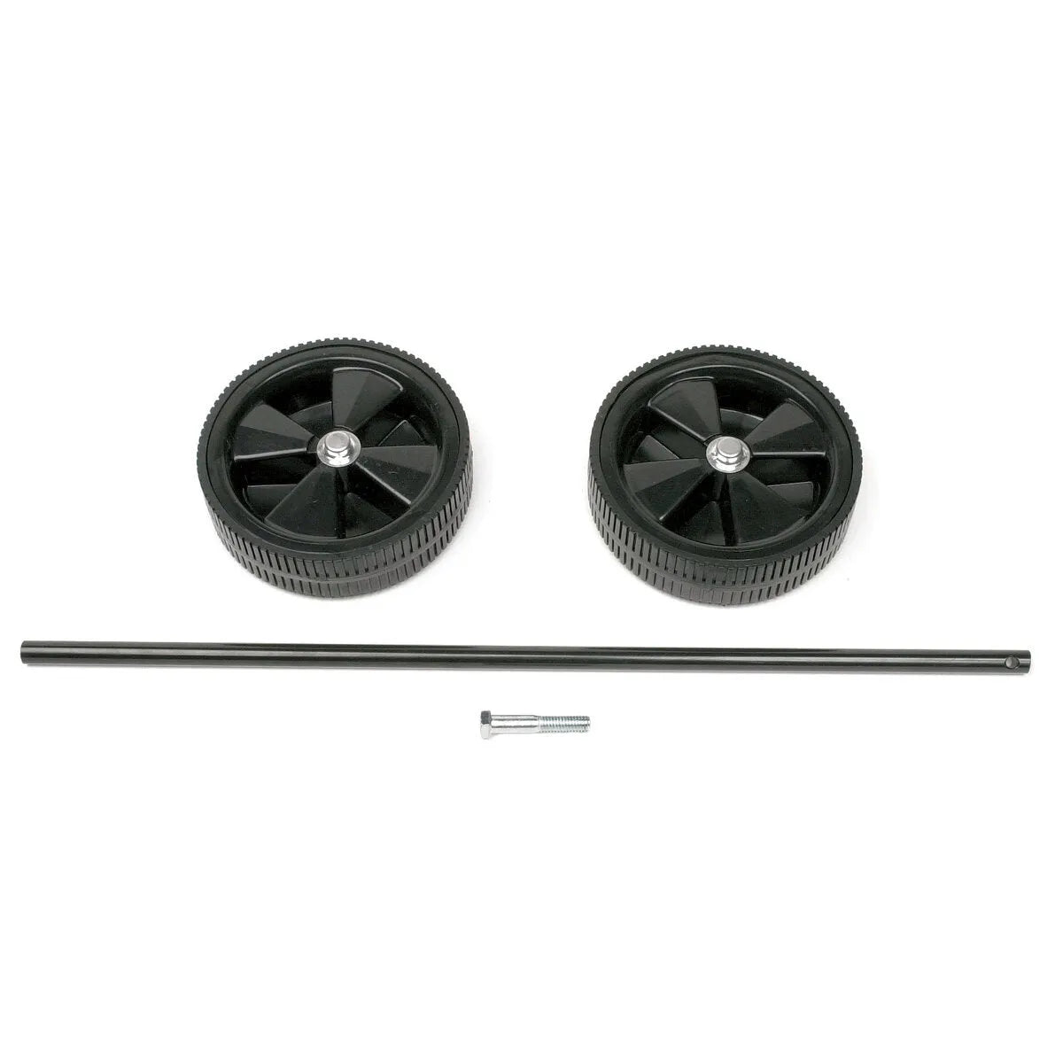 Two black plastic wheels, a long black axle, and a small metal bolt are arranged on a white background—ideal components for enhancing welder mobility with a Lincoln Wheel Kit.