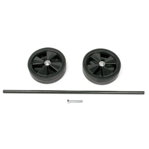 Two black plastic wheels, a long black axle, and a small metal bolt are arranged on a white background—ideal components for enhancing welder mobility with a Lincoln Wheel Kit.