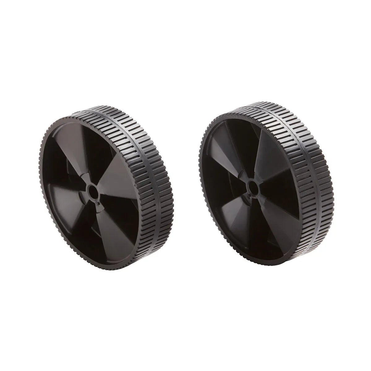 Two black plastic wheels with textured edges and six-spoke designs, ideal as welding machine wheels for enhanced welder mobility, shown standing upright against a white background.