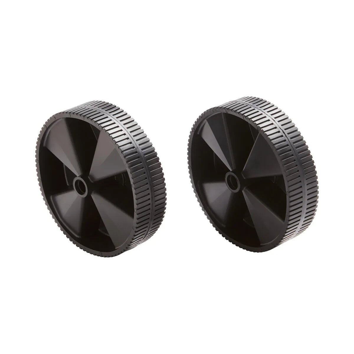 Two black plastic welding machine wheels with grooved treads and six spokes each, positioned side by side on a white background, ideal for enhancing welder mobility.
