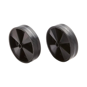 Two black plastic welding machine wheels with grooved treads and six spokes each, positioned side by side on a white background, ideal for enhancing welder mobility.
