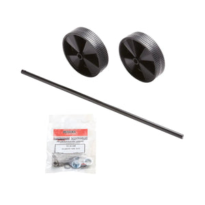 Two black plastic wheels, a straight metal axle, and a small bag of hardware components for welder mobility are displayed on a white background.