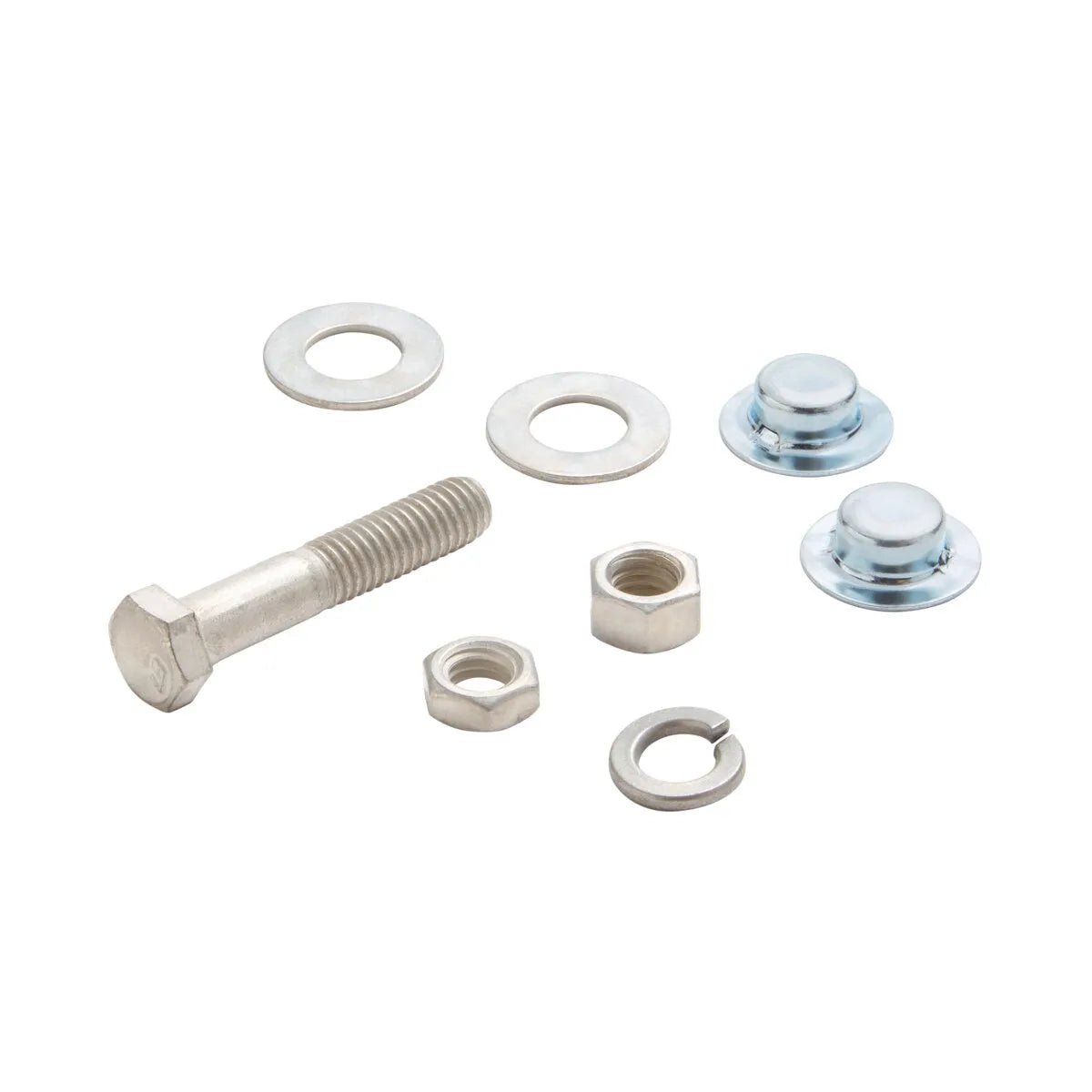 A set of metal hardware components, including a hex bolt, washers, hex nuts, and dome-shaped cap nuts—ideal for assembling welding machine wheels or upgrading your Lincoln Wheel Kit—arranged on a white background.