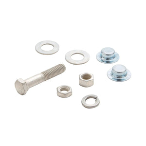 A set of metal hardware components, including a hex bolt, washers, hex nuts, and dome-shaped cap nuts—ideal for assembling welding machine wheels or upgrading your Lincoln Wheel Kit—arranged on a white background.