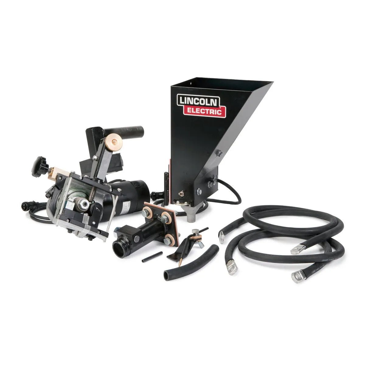 The Lincoln Wire Drive for NA-3S and NA-4 (142:1) K208A (fits 3/32–7/32 wire) is shown with a black metal hopper, nozzles, hoses, and connectors arranged on a white background for precision welding tasks.