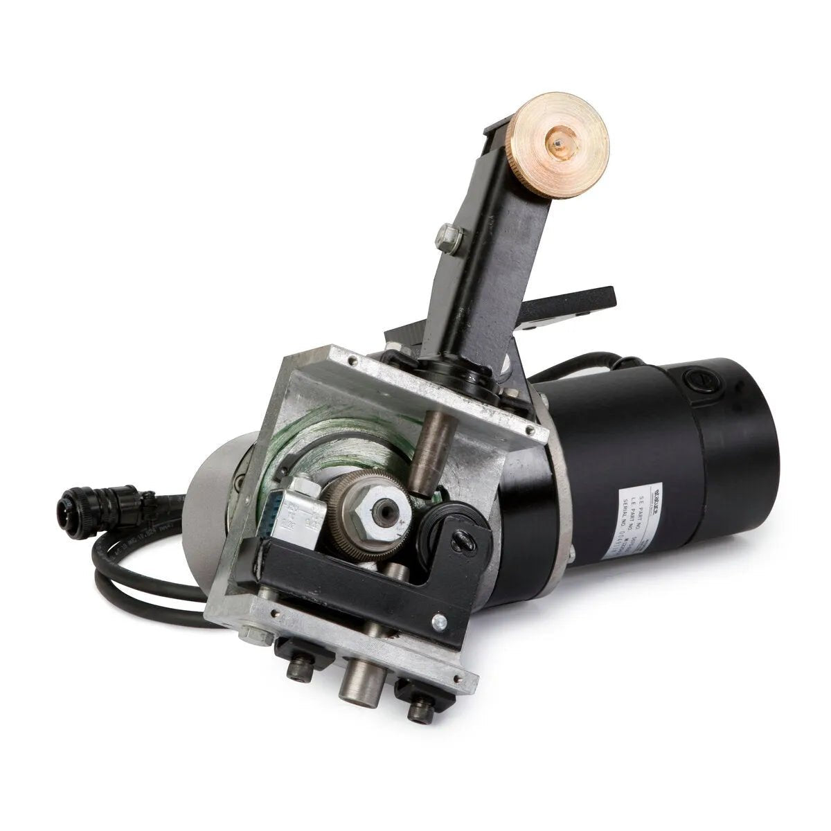 A close-up of the Lincoln Wire Drive for NA-3SF and NA-4F (95:1) (1/16-3/32 Wire) K209B shows its black cylindrical motor, metallic gears, and rotating copper disk mounted on an adjustable arm, isolated on a white background.