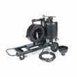 The Lincoln Wire Reel and Flux Tank Assembly K305 is a black industrial unit with a cylindrical flux tank, circular blasting chamber, wheels, handle, coiled black hose, and funnel attachment, all shown against a white background.