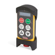 The Lincoln Wireless Remote Control (Frontier) K5265-1 features a black and yellow handheld design with prominent red STOP and green START buttons, a digital display, multiple function buttons, and comes upright in a protective black case.