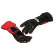 A pair of black and red heat resistant welding gloves with long cuffs, designed for heavy-duty tasks such as welding or handling hot objects. The inside of the cuffs is red, and one glove has Lincoln Electric branding.