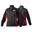 Two black and red womens welding jackets are shown, one facing forward and one backward. They feature snap buttons, long sleeves with split cowhide sleeves, stand-up collars, and Lincoln Electric logos on the front and back.