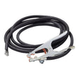 The Lincoln Work Lead Lug & GC500 Ground Clamp (2/0, 350A, 60%) 15 ft (K2150-1) features a coiled black welding cable with a copper-lined spring-loaded ground clamp and a work lead lug terminal, ideal for welding or automotive grounding.